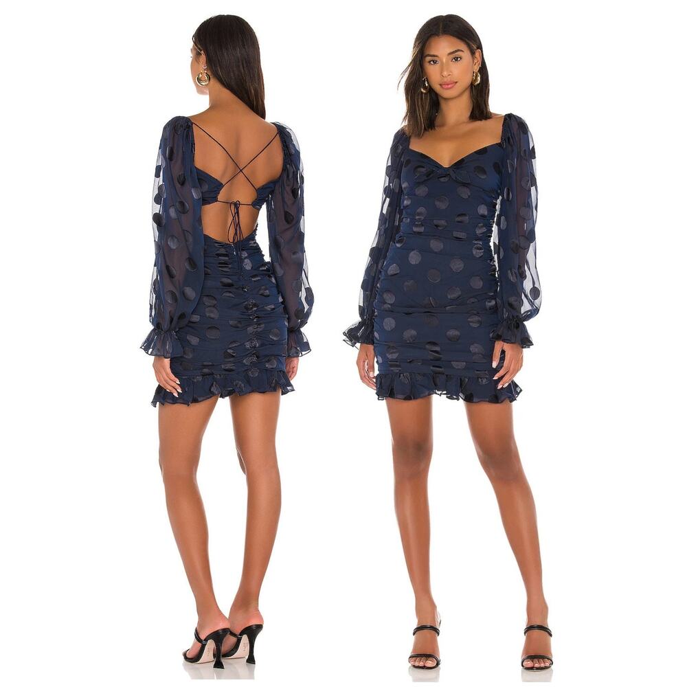 For Love & Lemons NWT Navy Polka Dot Ruched Backless Mini Dress M $255